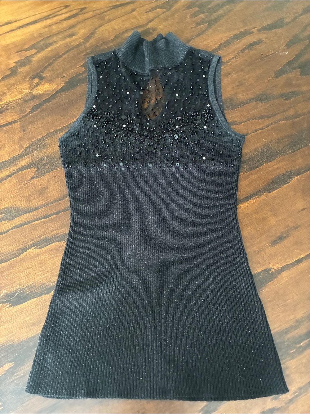 Cache Black Sleeveless Beaded Mock Neck Ribbed Top